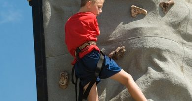A boy climbs a mobile climbing wall
